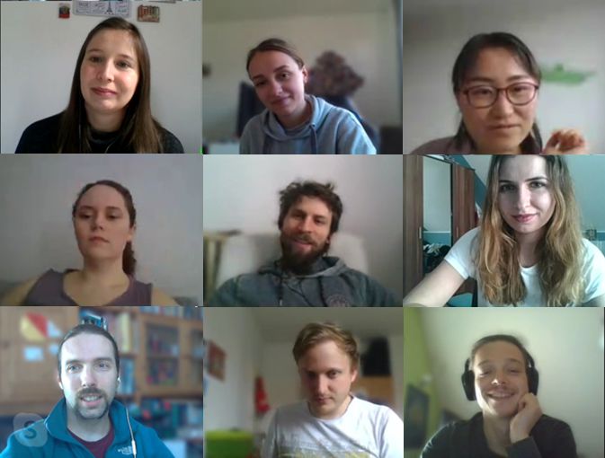 The BioGeoOmics team in April 2020: Maria, Rebecca, Limei, Elaine, Jan, Arina, Oliver, Martin, Johann. During the Corona pandemic we regularly meet via video chat.